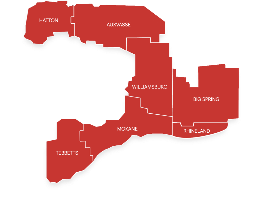 Map of areas served (Hatton, Auxvasse, Williamsburg, Big Spring, Mokane, Rhineland, Tebbets)